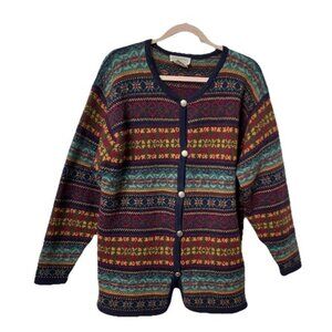 Vintage Jacob Wool Cardigan Womens M Fair Isle Striped Grandpa Fisherman Granny